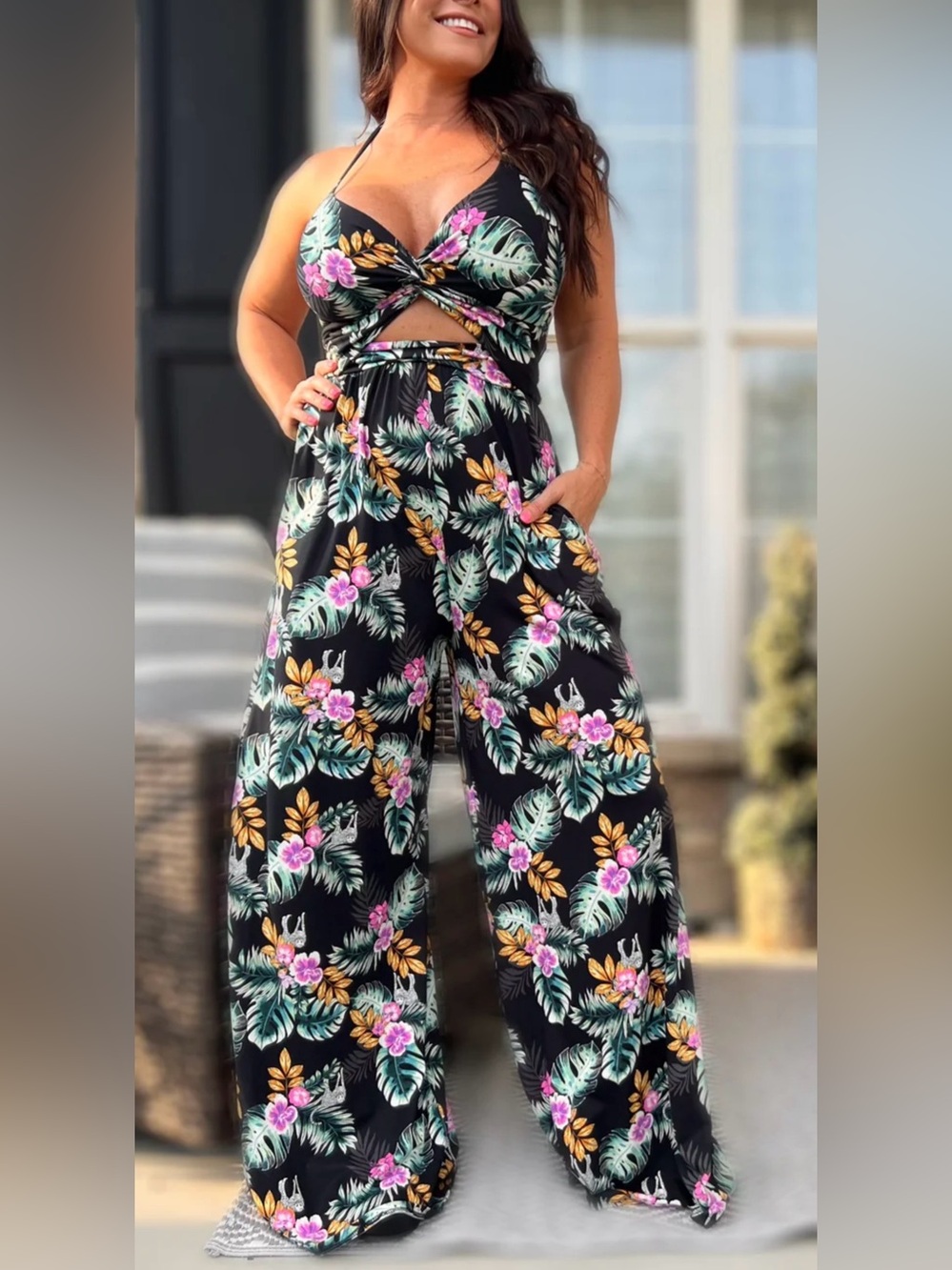 Knotted Tank Jumpsuit- Tropical Black Cheetah